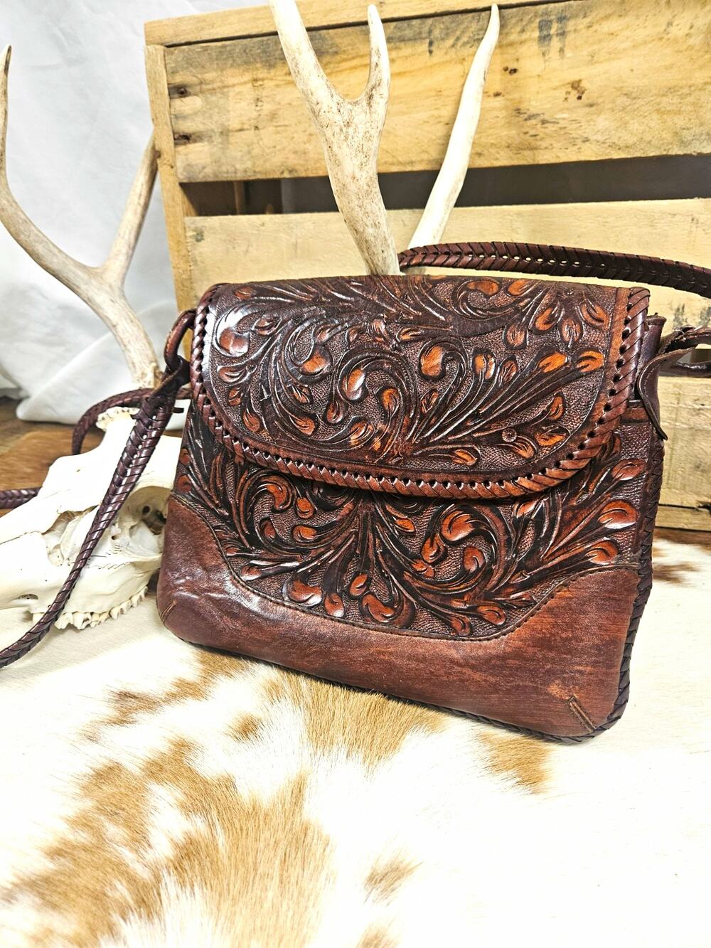 Origenes David Luna Hand Tooled Leather Crossbody Bag Western Floral Boho Brown